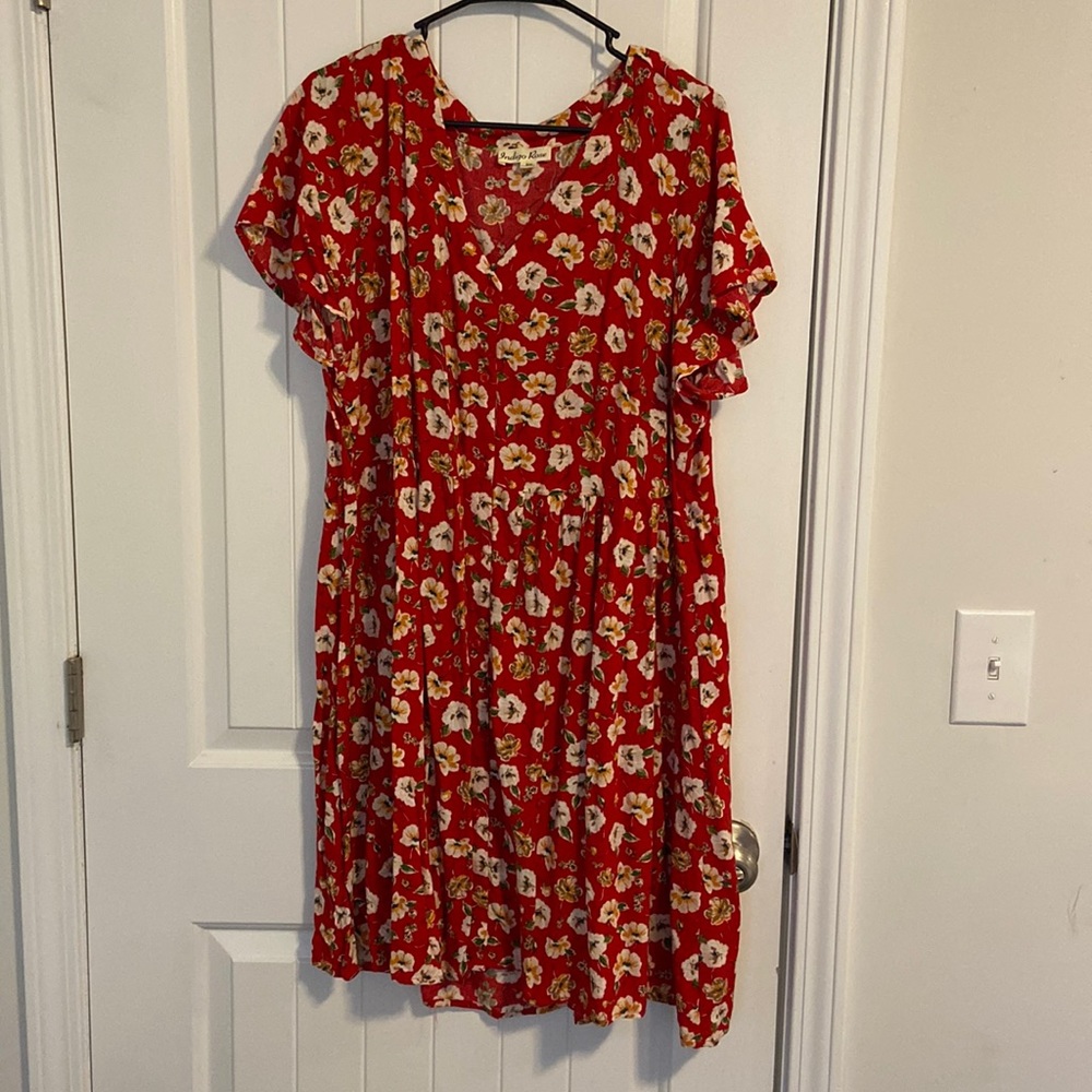 Red floral flowy button up dress
